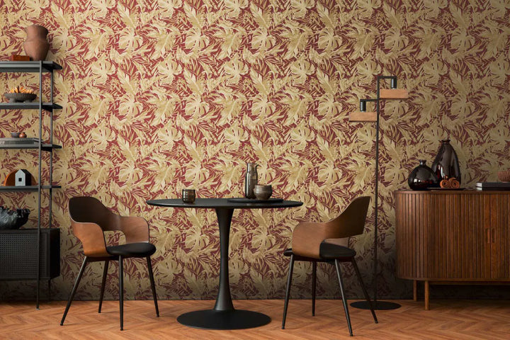 Augstas kvalitātes neaustas tapetes ar stilīgu tropu lapu rakstu | sarkana, zelta | 3010153 AS Creation