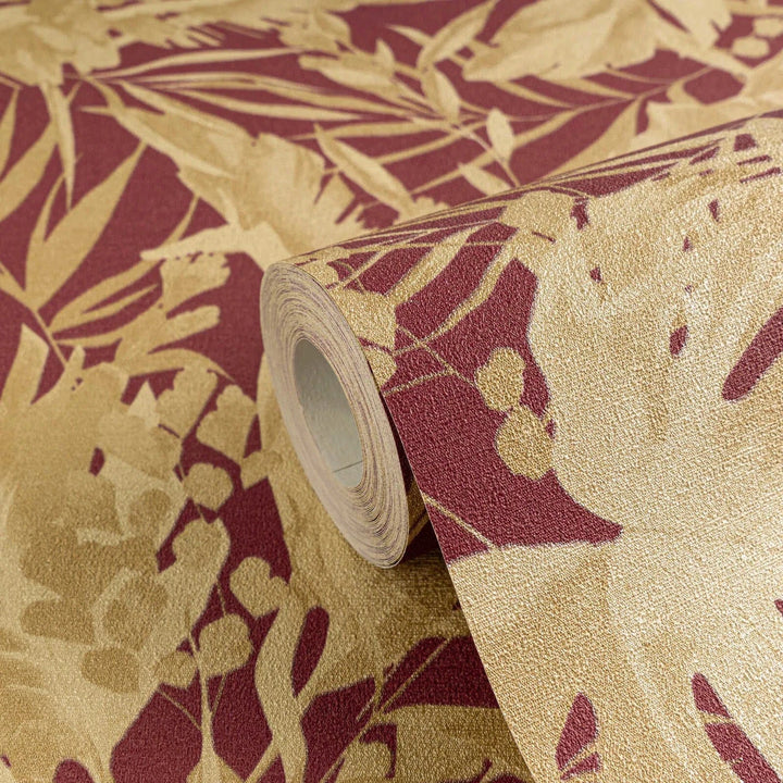 Augstas kvalitātes neaustas tapetes ar stilīgu tropu lapu rakstu | sarkana, zelta | 3010153 AS Creation