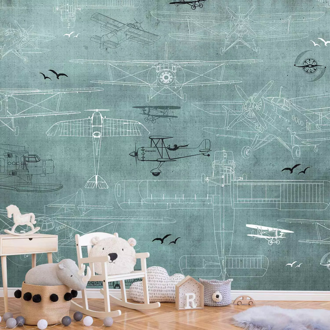 Fototapetai - Lėktuvų piešiniai turkio spalvos fone, 149210