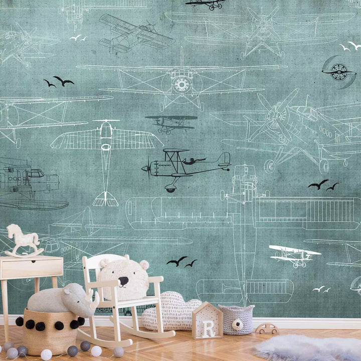 Fototapetai - Lėktuvų piešiniai turkio spalvos fone, 149210