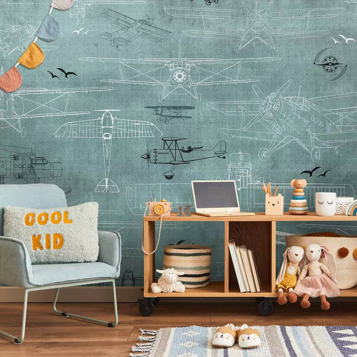 Fototapetai - Lėktuvų piešiniai turkio spalvos fone, 149210