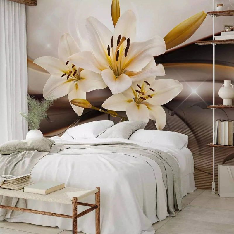 Wall Murals with white lilies on a brown background - 90448 oasis