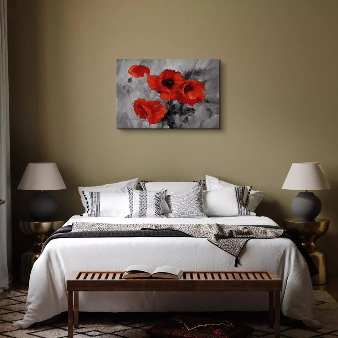Kanva ar ziediem - Zīmētas sarkanas magones uz abstrakta pelēka fona, 95014