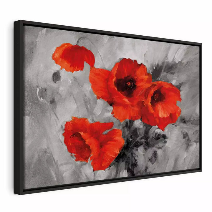 Glezna melnā koka rāmī - sarkanas magones uz abstrakta pelēka fona, 95014