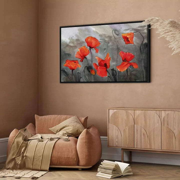 Glezna melnā koka rāmī - Magones (akvareļu tehnika), 97976