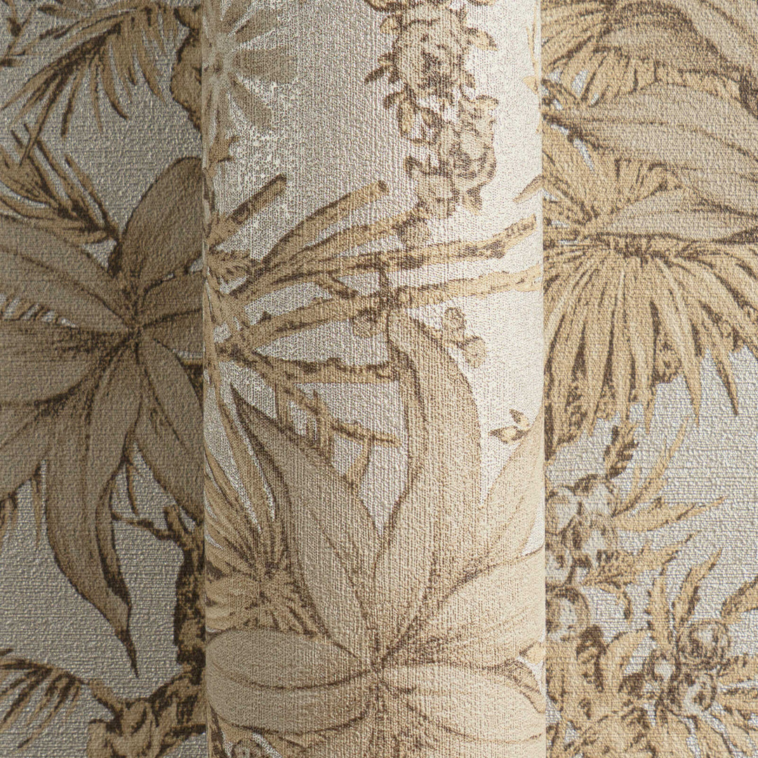 Beige non-woven wallpaper with a matte botanical pattern and glossy background, 3007712