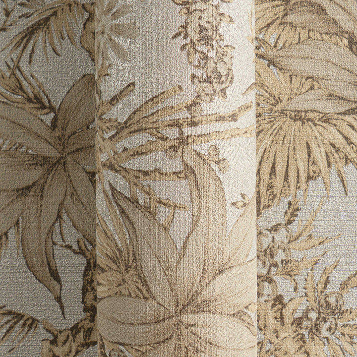 Beige non-woven wallpaper with a matte botanical pattern and glossy background, 3007712