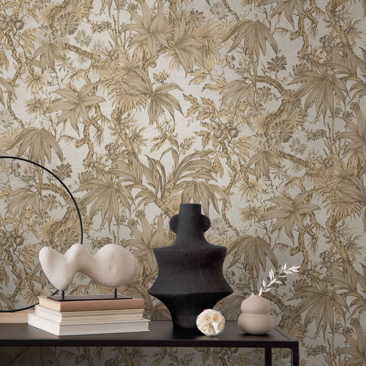 Beige non-woven wallpaper with a matte botanical pattern and glossy background, 3007712