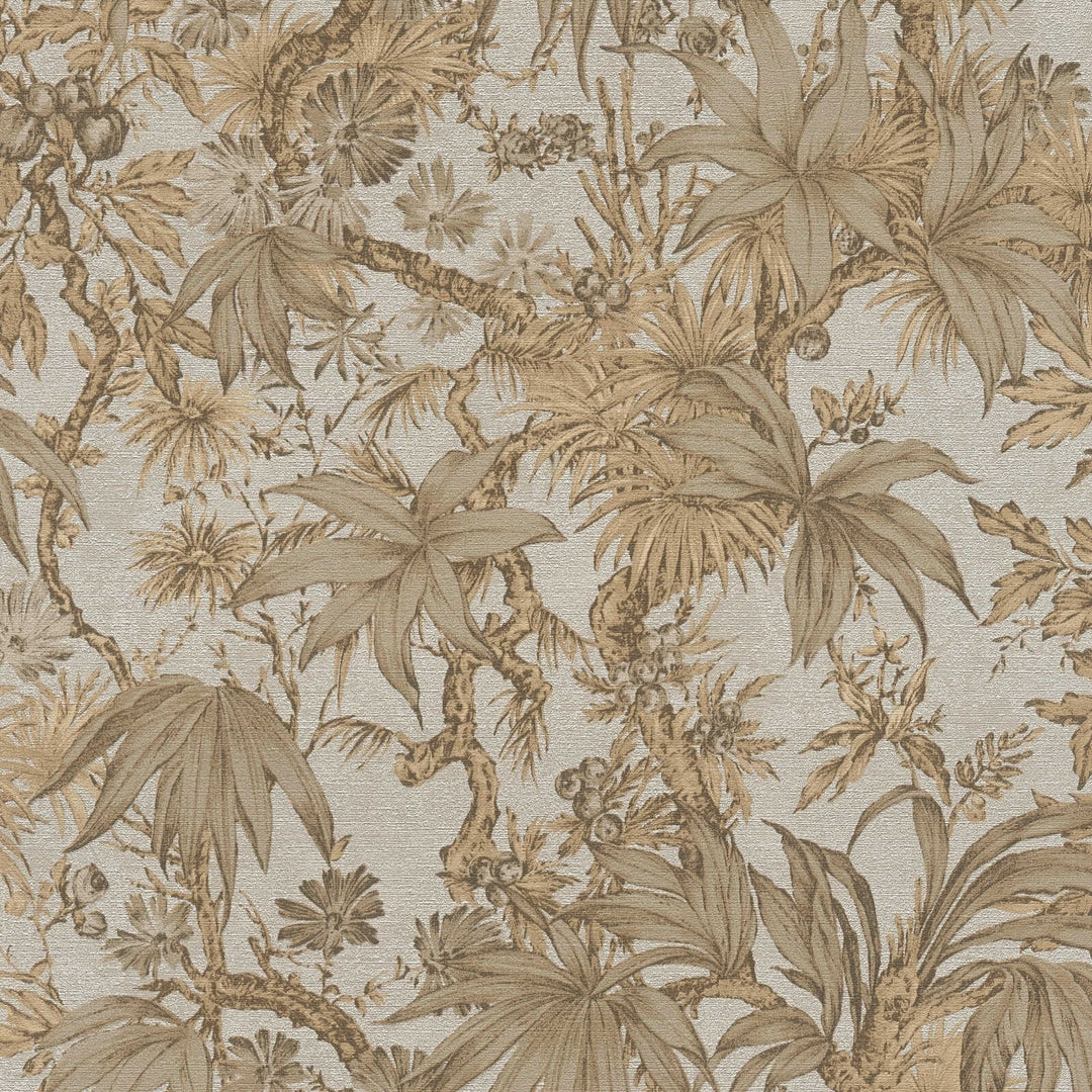 Beige and brownish wallpaper with a delicate drawing of tropical plants and branches, close-up