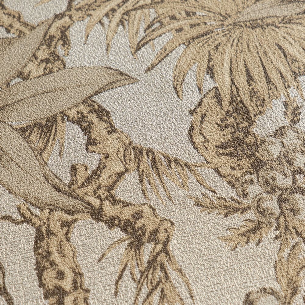 Beige non-woven wallpaper with a matte botanical pattern and glossy background, 3007712