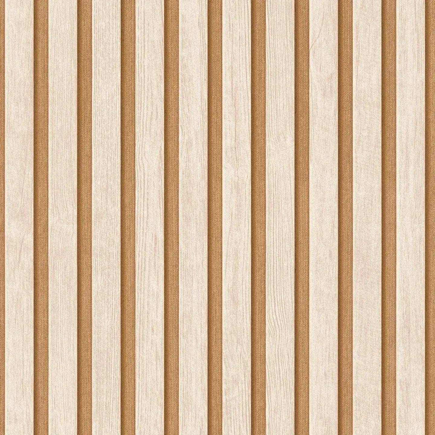 Tuvplāns: bēšas svītrainas tapetes ar koka imitāciju un spīdīgu faktūru. SKU: 3000334, AS Creation.