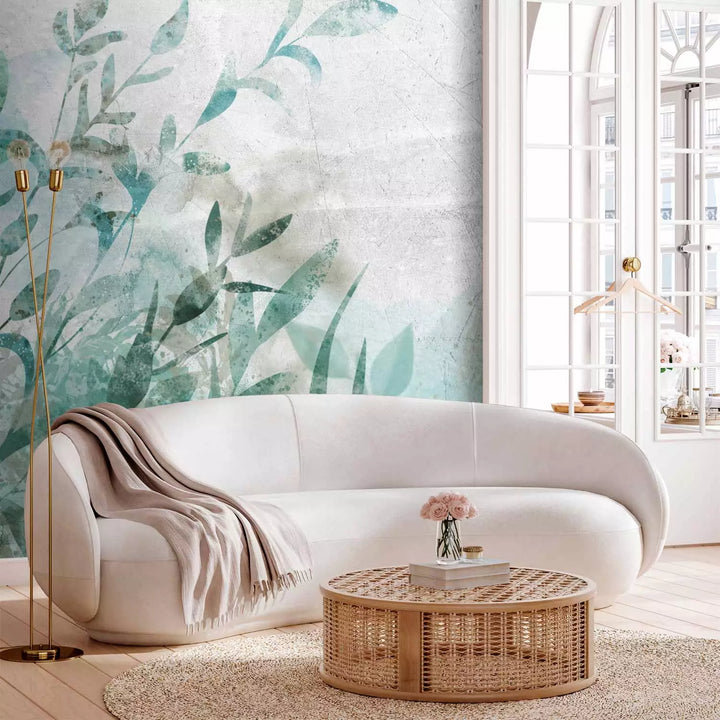 Fototapetai - žali lapai šviesiai pilkame fone - Natiurmortas, 135482