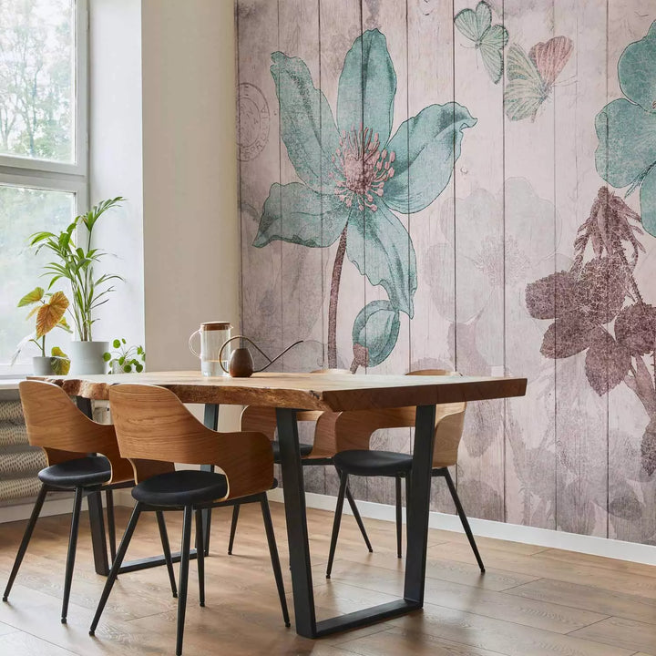 Fototapetes ar vintāžas ziediem uz koka - Tauriņi un ziedi, 142728