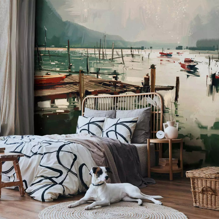 Valokuvatapetti - Maalaus luonnos, aamu, maisema, vene ja vuoret taustalla, 150574