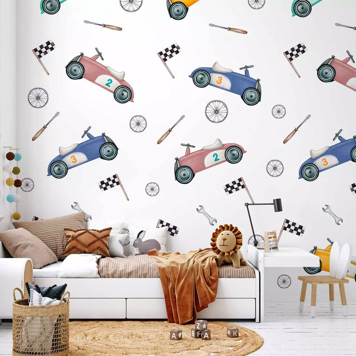 Valokuvatapetti - Retro kilpa-autot pehmeissä pastelliväreissä, 149231