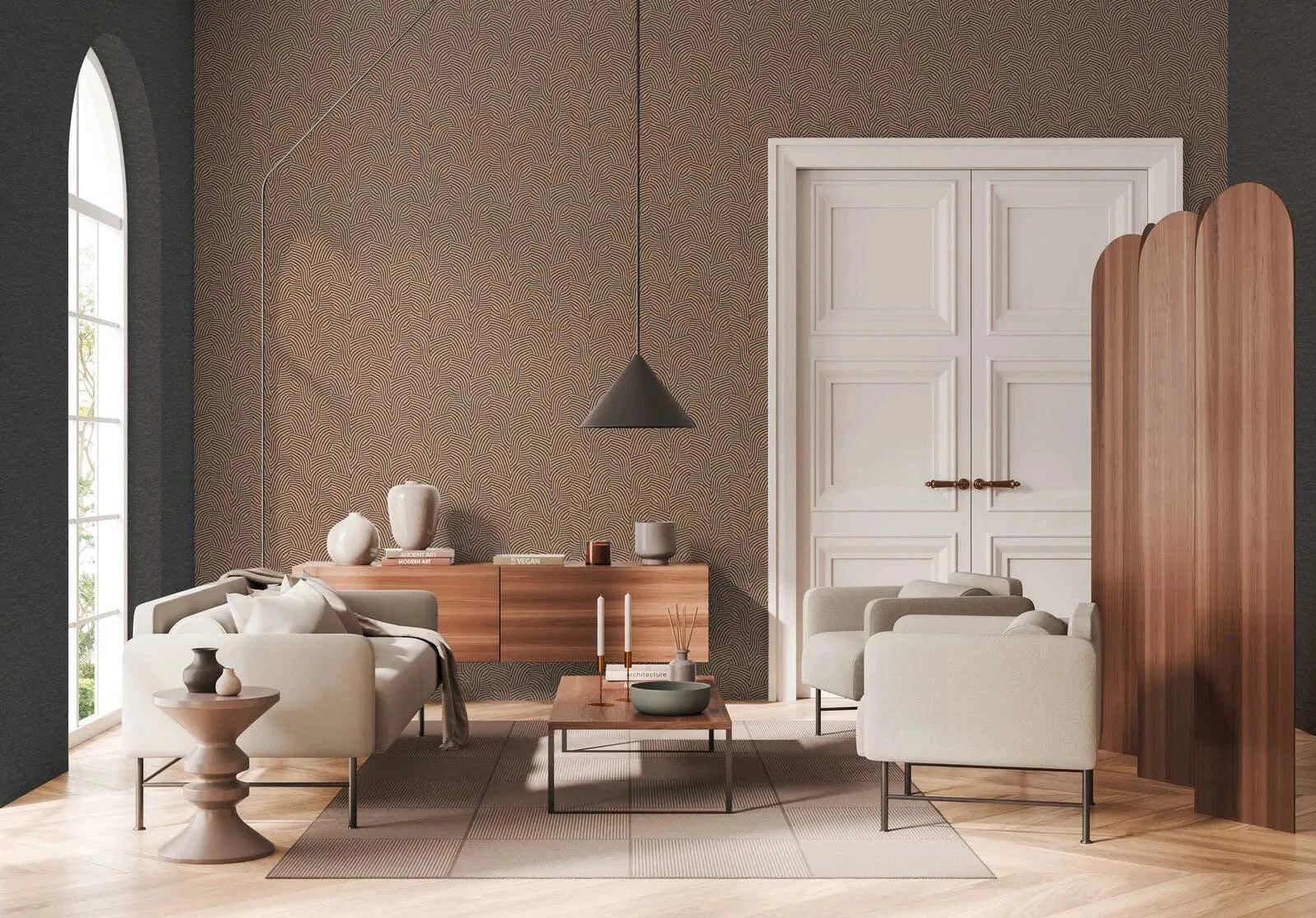 Daniels Hechter tapetes ar abstraktu līniju rakstu viļņu formā melnā/bronzas krāsā AS Creation