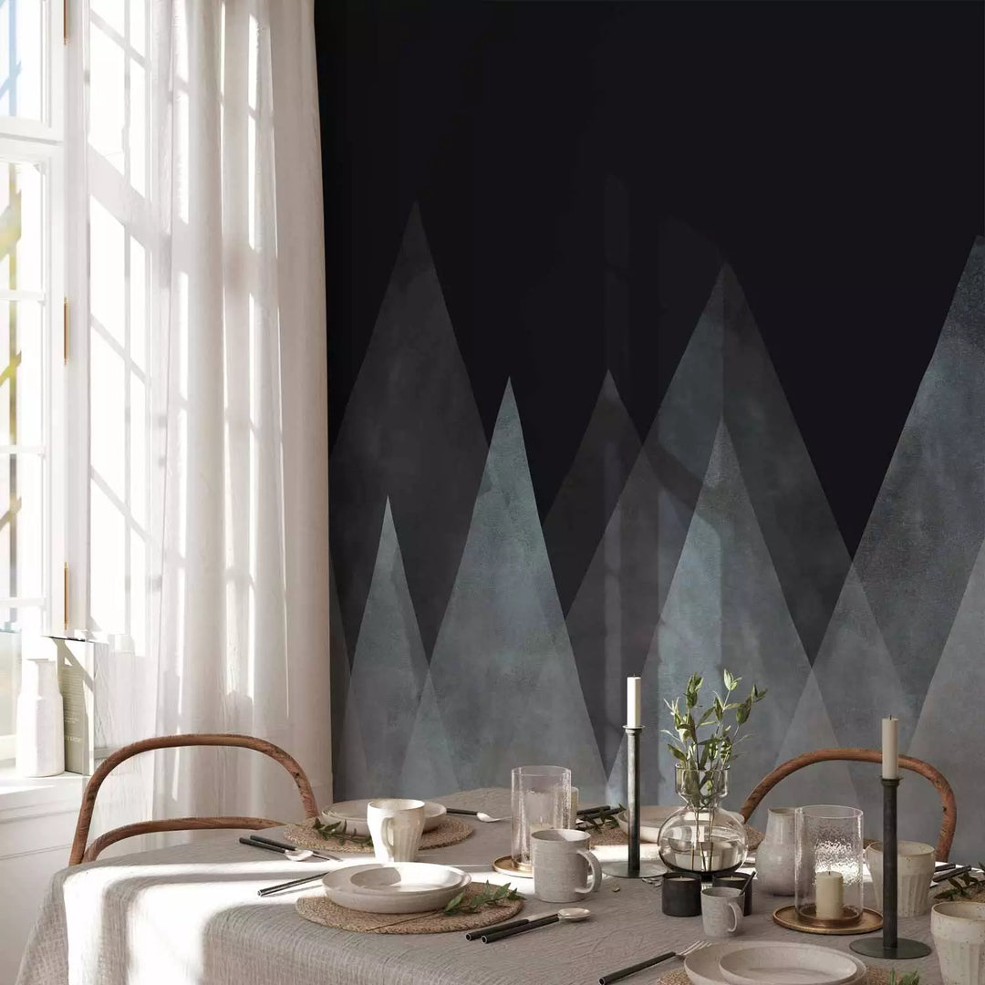 Fototapetes - Ainava ar abstraktiem kalniem uz melna fona, 138828