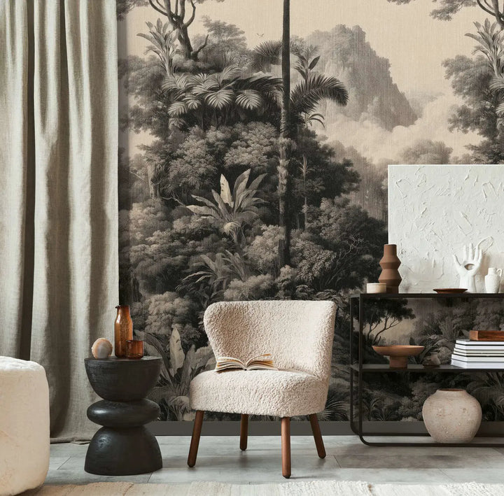 Dekoratīvās tapetes ar klasisku meža un koku motīvu – krēmkrāsa, melna AS Creation