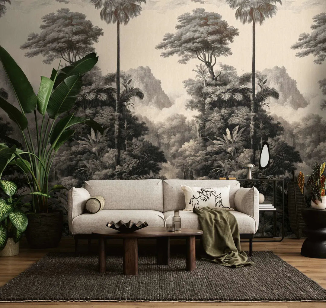 Dekoratīvās tapetes ar klasisku meža un koku motīvu – krēmkrāsa, melna AS Creation