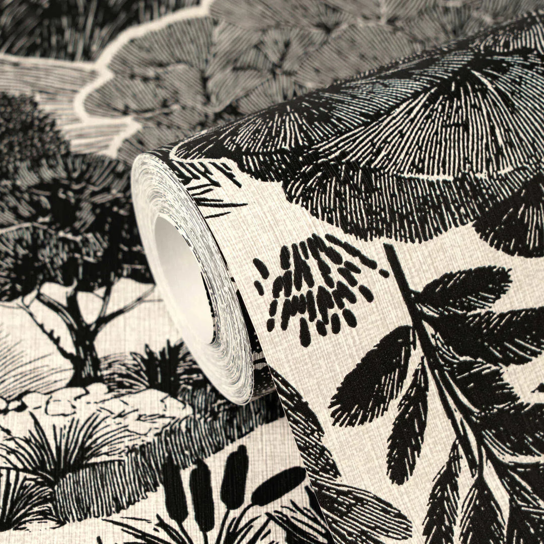 Dekoratīvas tapetes ar koku ainavu, melnbaltas - 3012455 AS Creation