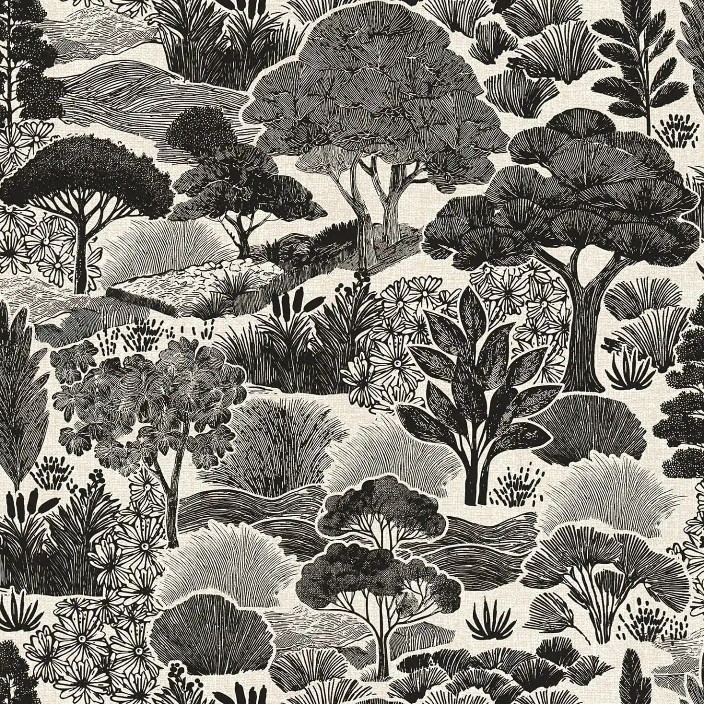 Detail view: black and white decorative wallpaper with trees in landscape relief. SKU: 3012455, AS Creation.