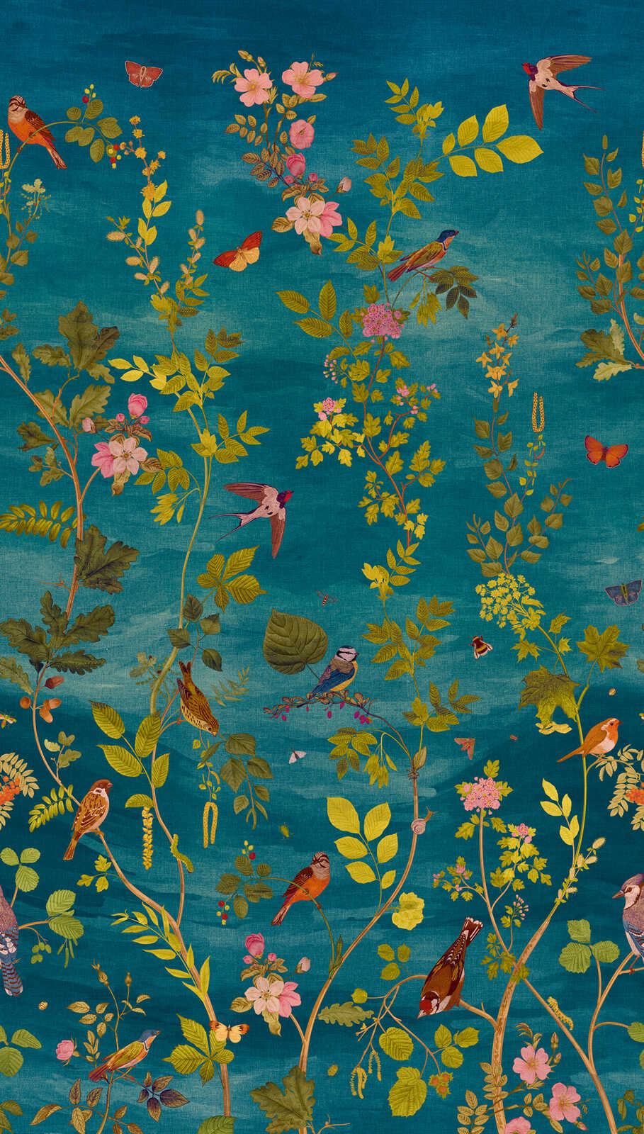 Detalizēts skats: zilas un zaļas tapetes ar ziedu motīvu un reljefu. SKU: 3013143, AS Creation.