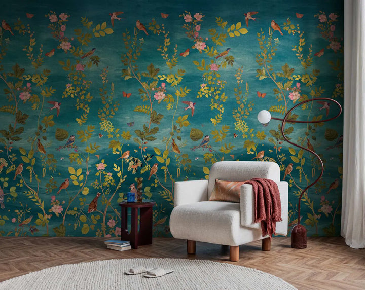 Dekoratīvās tapetes ar krāsainu ziedu un augu motīvu, zila, zaļa AS Creation