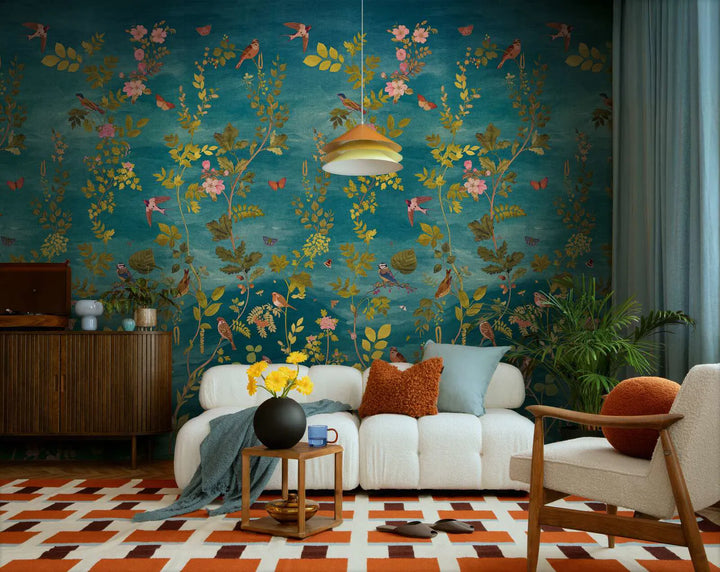 Dekoratīvās tapetes ar krāsainu ziedu un augu motīvu, zila, zaļa AS Creation