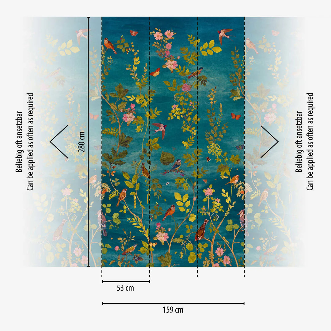 Dekoratīvās tapetes ar krāsainu ziedu un augu motīvu, zila, zaļa AS Creation