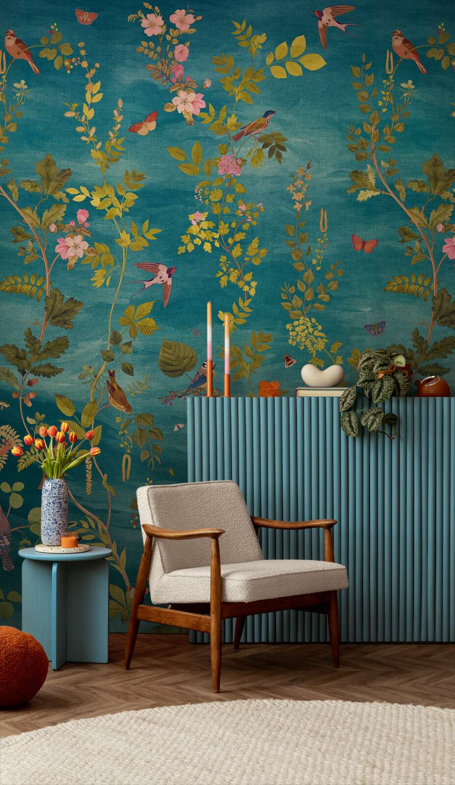 Dekoratīvās tapetes ar krāsainu ziedu un augu motīvu, zila, zaļa AS Creation