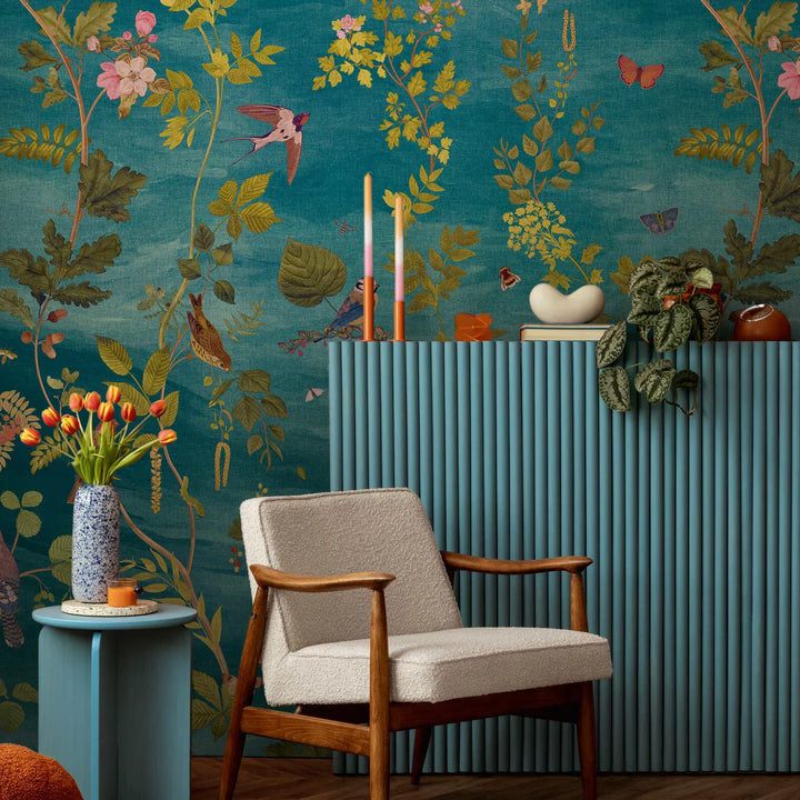 Dekoratīvās tapetes ar krāsainu ziedu un augu motīvu, zila, zaļa AS Creation
