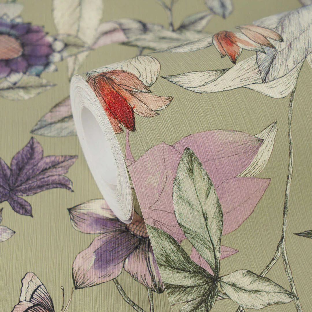 Dekoratīvas tapetes ar matētu ziedu motīvu | zaļa, violeta - 3012501 AS Creation