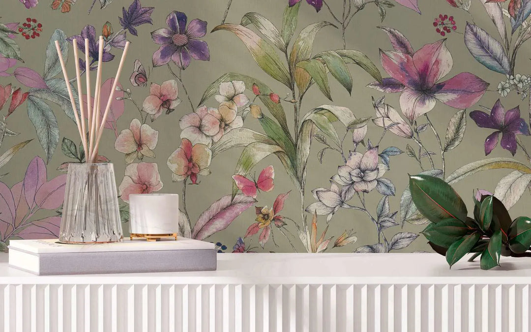 Dekoratīvas tapetes ar matētu ziedu motīvu | zaļa, violeta - 3012501 AS Creation