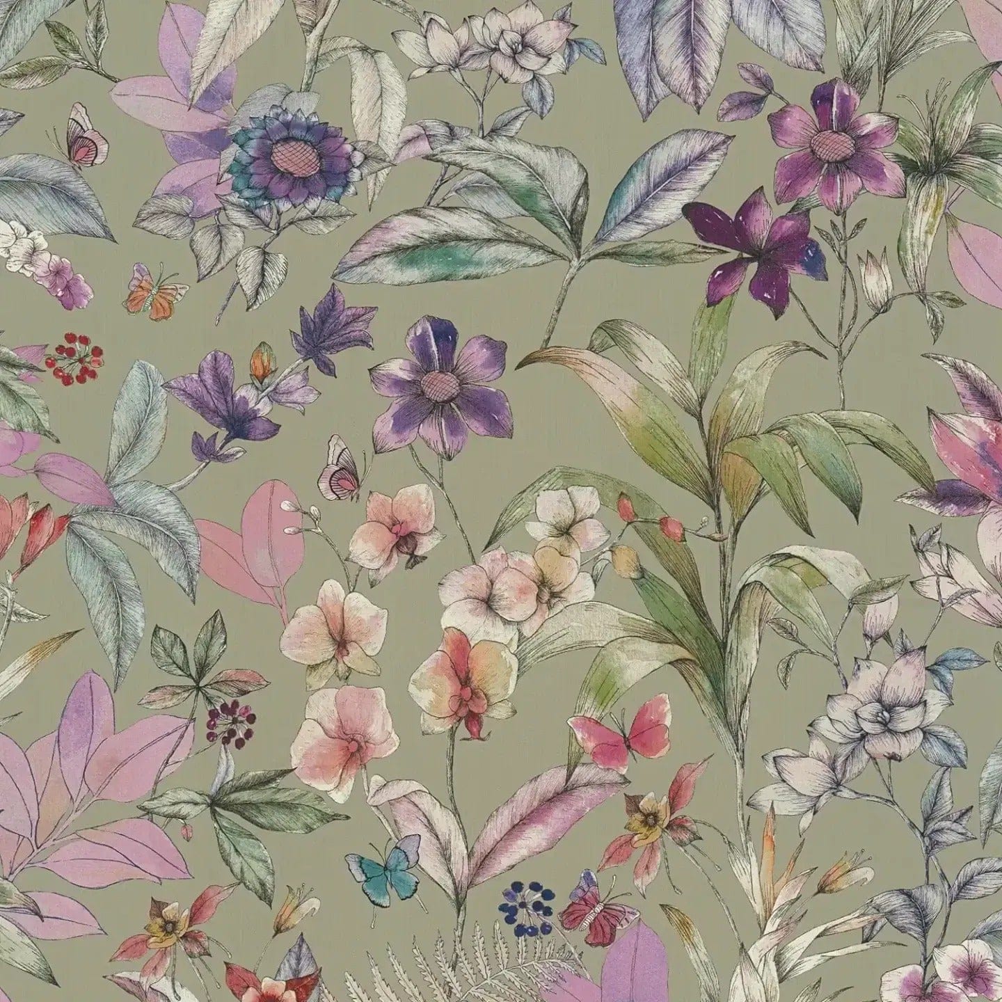 Detalizēts skats: zaļas un violetas dekoratīvas tapetes ar matētu faktūru. SKU: 3012501, AS Creation.