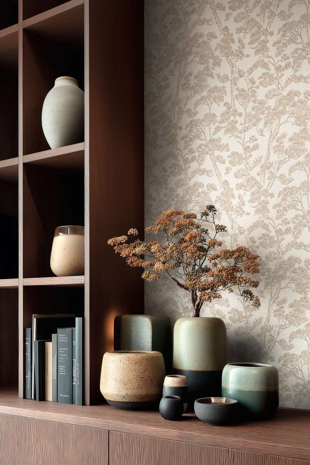 Beige decorative wallpaper with tree design for a bright and inviting living room. SKU: 3006774, AS Creation.
