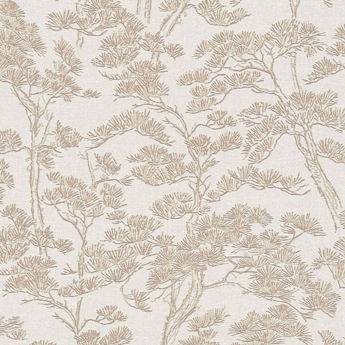 Close-up: beige decorative wallpaper with tree design and subtle texture. SKU: 3006774, AS Creation.