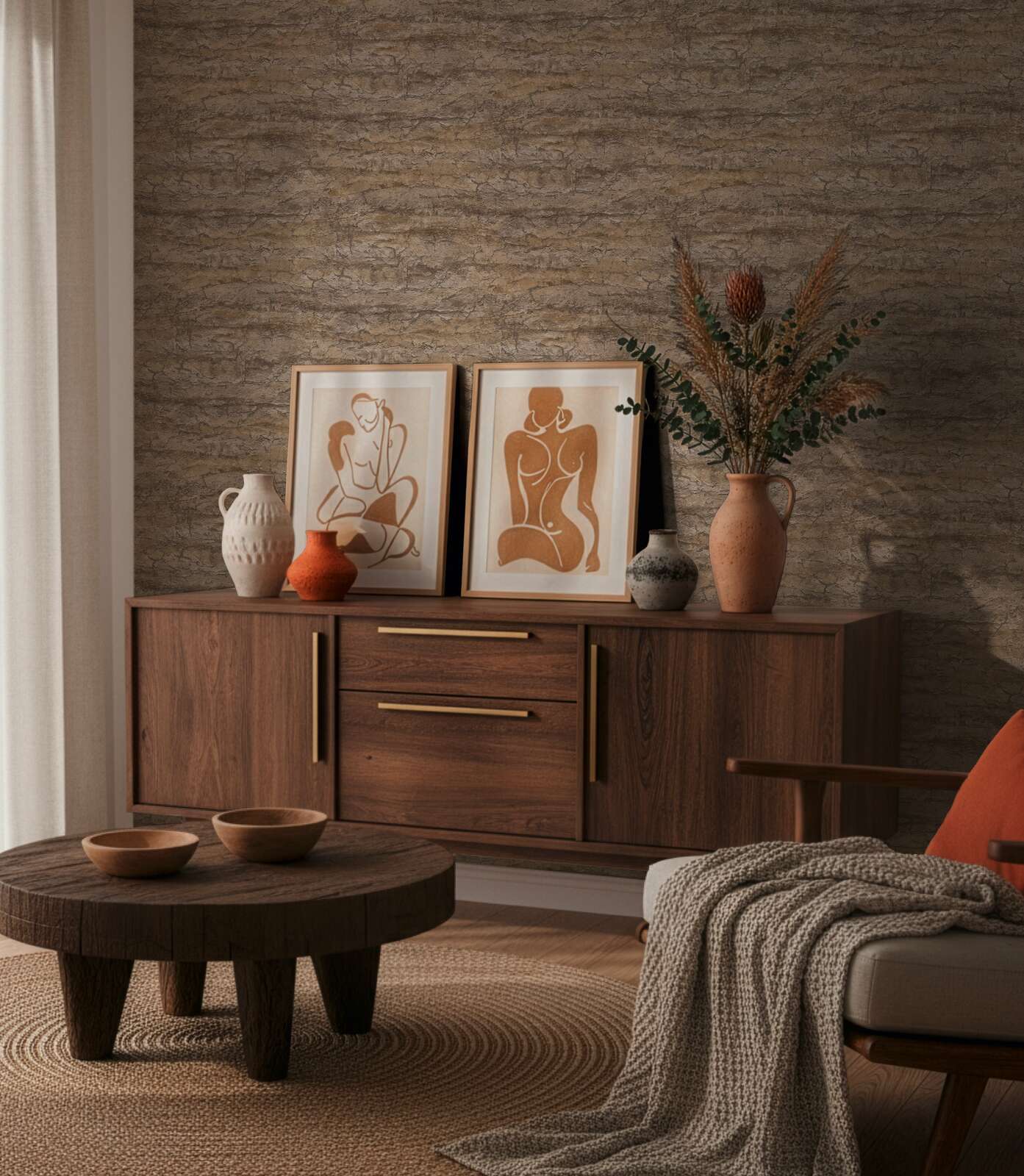 Brūnas dekoratīvās tapetes ar teksturētu virsmu klasiskā un mājīgā viesistabā. SKU: 3012667, AS Creation.