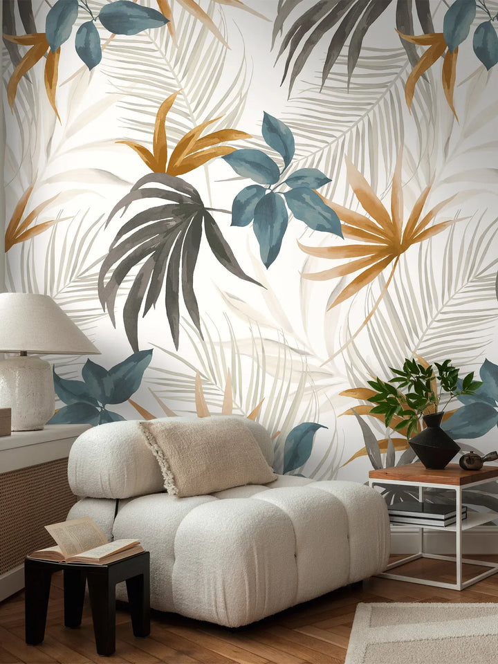 Dekoratīvas tapetes ar tropu ziediem un lapām siltās un vēsās krāsās | 3011633 AS Creation