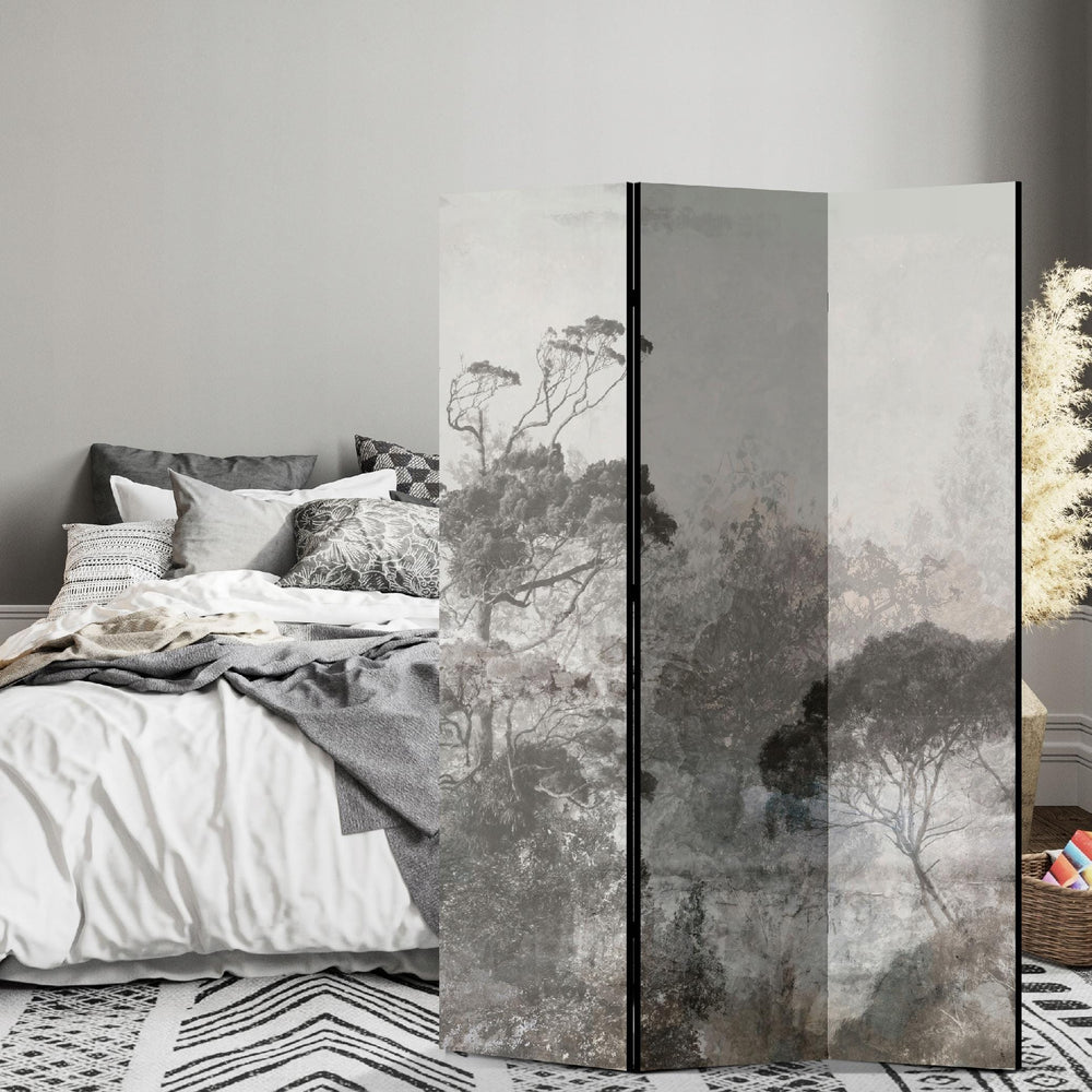 Dekoratīvs divpusējs aizslietnis, 135x172, Miglainais mežs, mierīgs, nedaudz mistisks, gaiši pelēkā L-ART