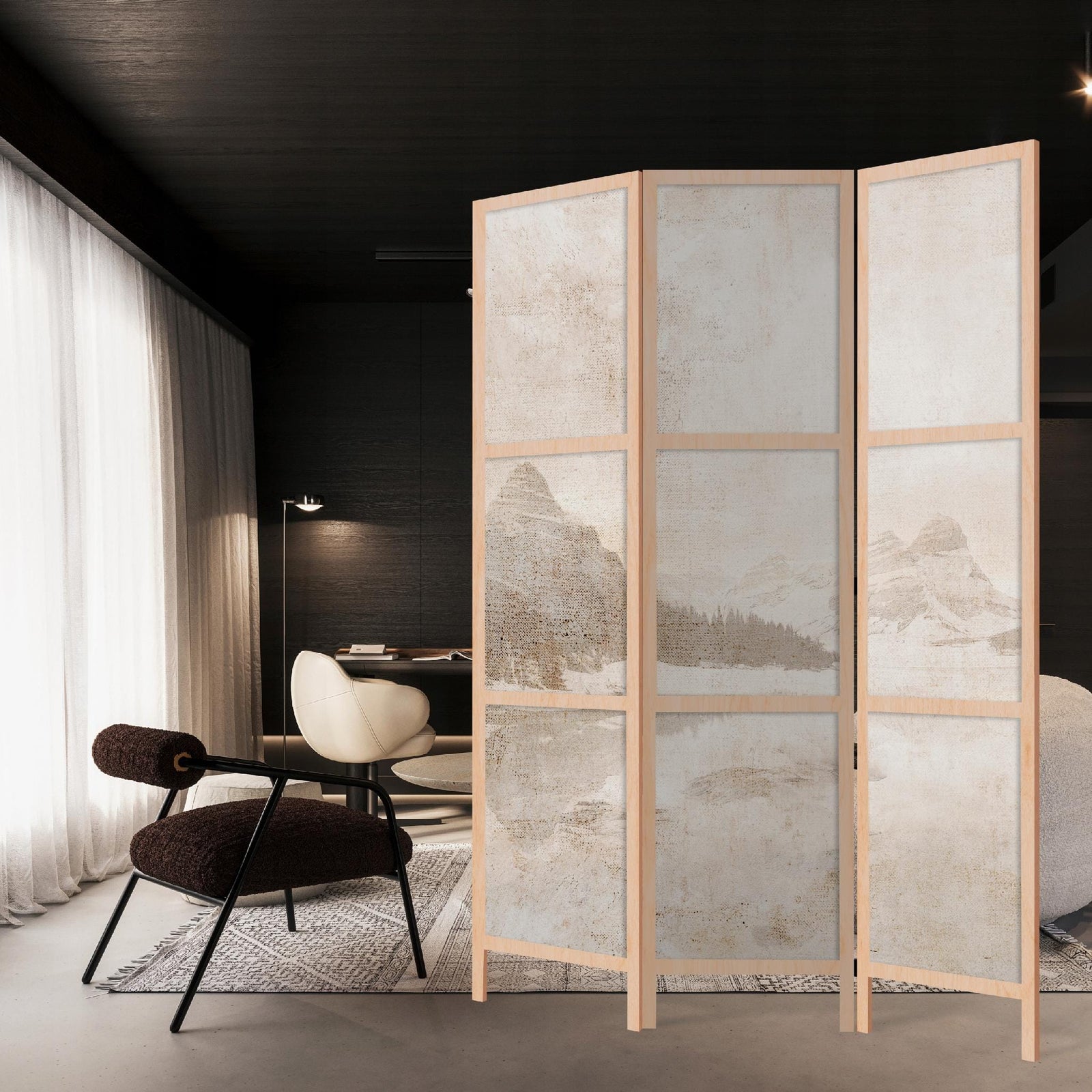 Dekoratīvs japāņu aizslietnis, vienpusējs 135x172, Kalnu un ezera motīvs bēšos toņos L-ART