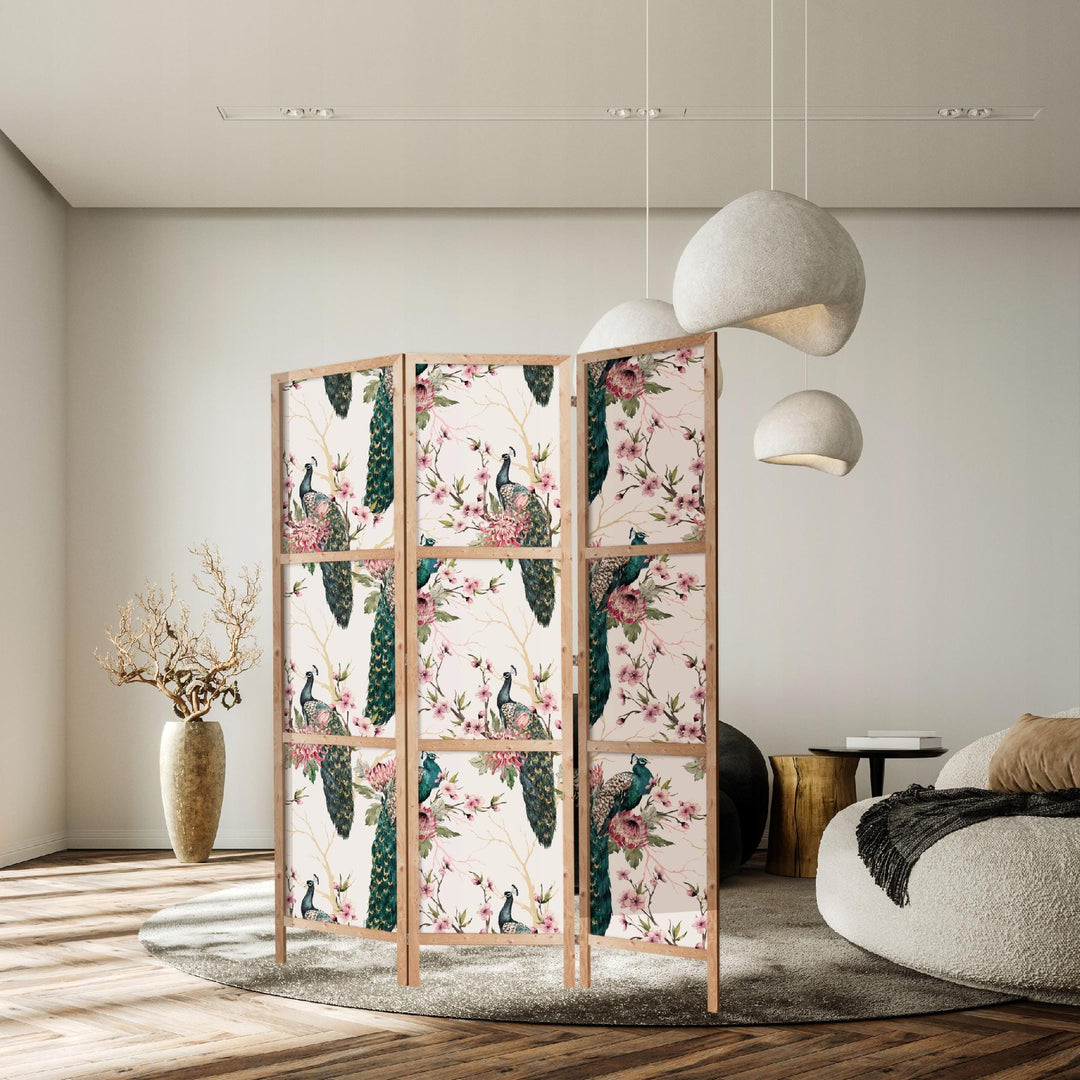 Dekoratīvs japāņu aizslietnis, vienpusējs 135x172, Pāvi un pavasara ziedi L-ART