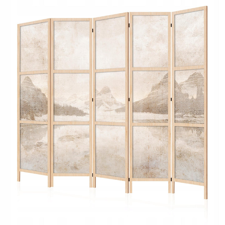 Dekoratīvs japāņu aizslietnis, vienpusējs 225x172, Kalnu un ezera motīvs bēšos toņos L-ART