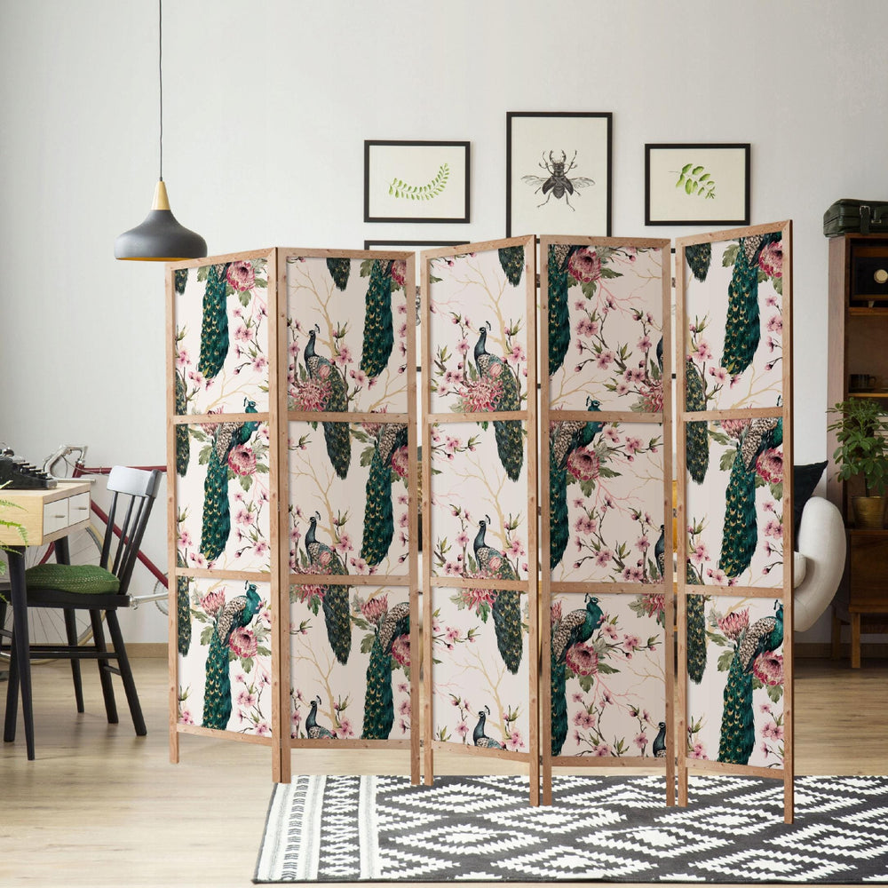 Dekoratīvs japāņu aizslietnis, vienpusējs 225x172, Pāvi un pavasara ziedi L-ART