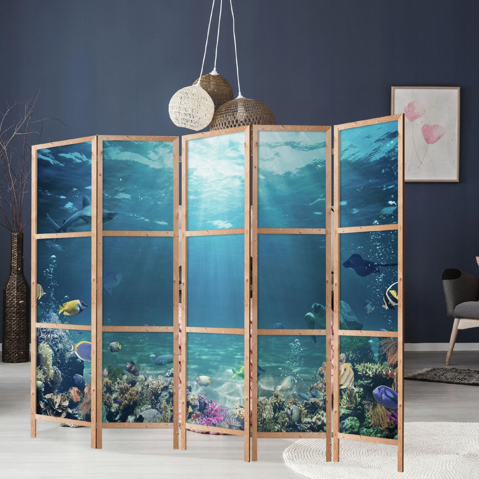 Dekoratīvs vienpusējs japāņu aizslietnis 225x172, Zemūdens pasaule (Zilā krāsā) L-ART