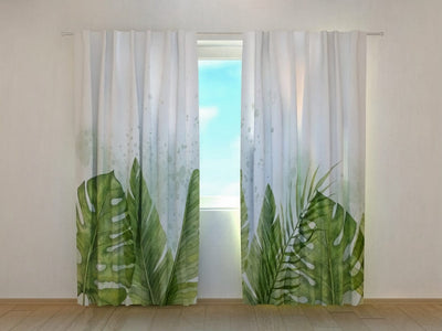 Day and night curtains for the living room - exotic green palm leaves on Tapetenshop.lv