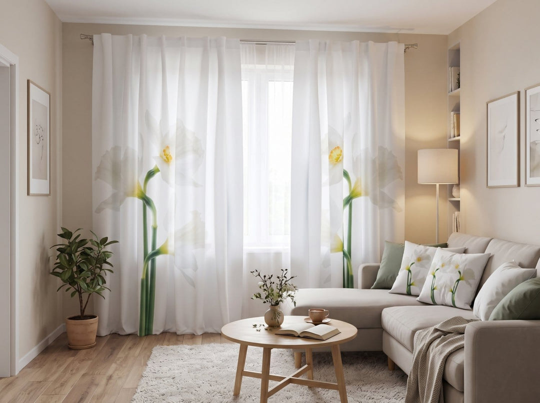 Päivä- ja yöverhot - Elegantit valkoiset narsissit valkoisella pohjalla