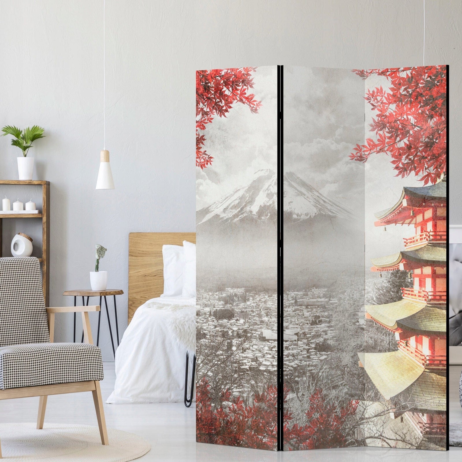 Divpusējs aizslietnis, 135x172, Austrumu stilā, Japānas ainava, pelēka, sarkana L-ART