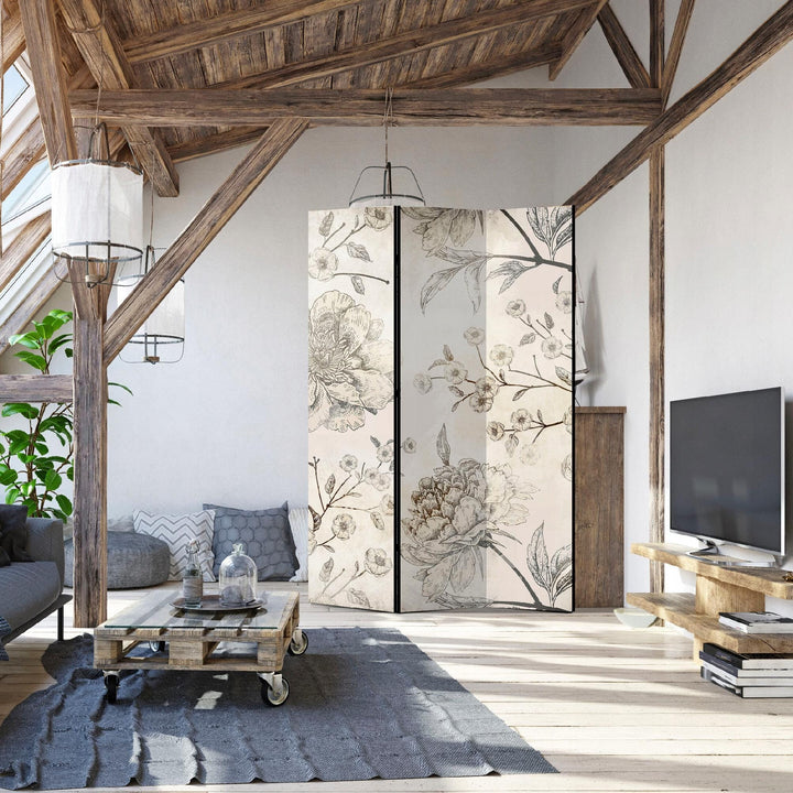 Divpusējs aizslietnis, 135x172, Vintažas peonijas uz gaiša fona L-ART