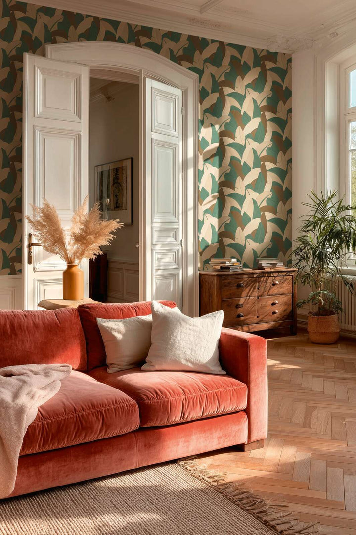 Dizaina tapetes ar stilizētām lapu formām un faktūru - bēša, brūna AS Creation