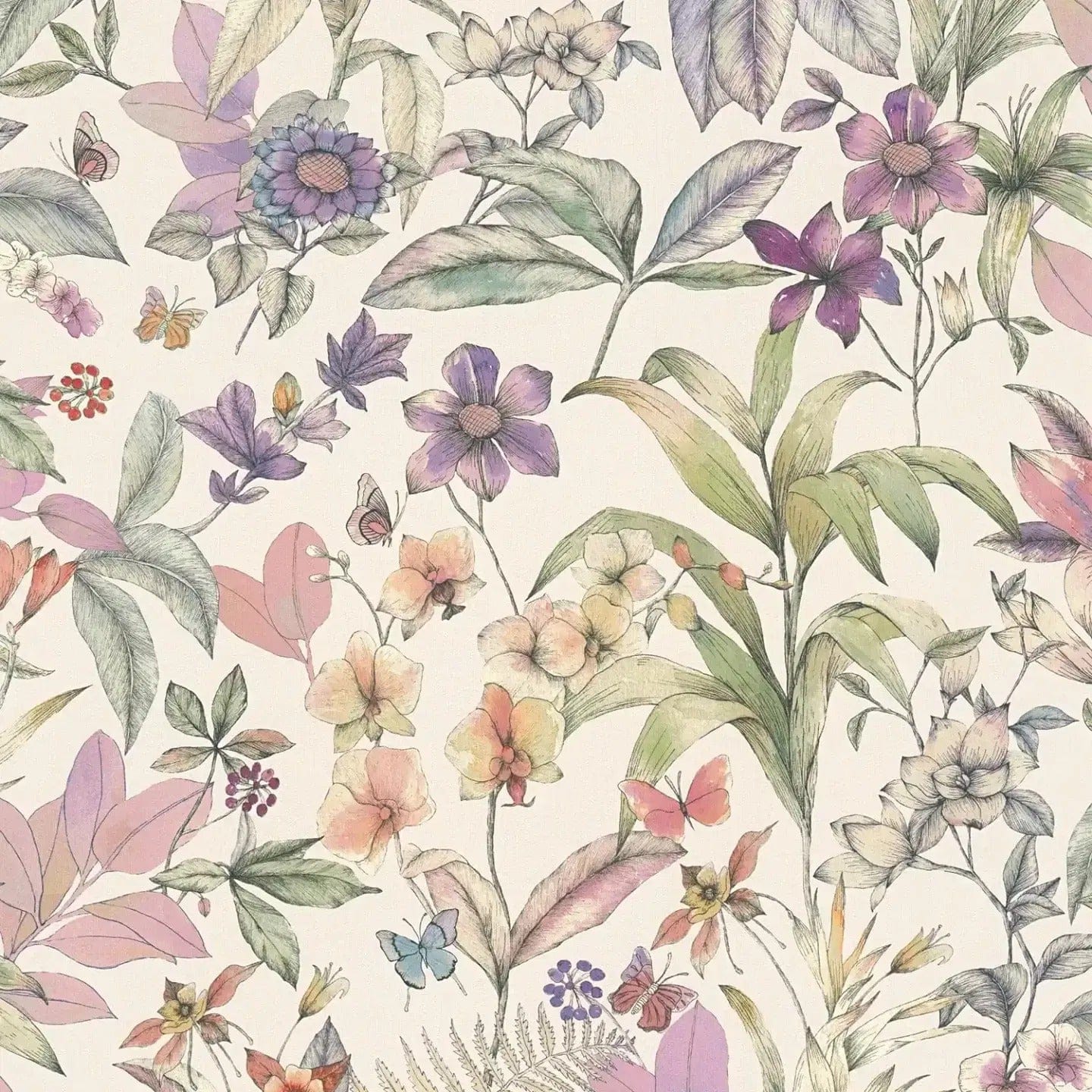 Dzīvespriecīgu zaļu un violetu tapešu tuvplāns ar ziedu dizaina reljefu. SKU: 3012500, AS Creation.